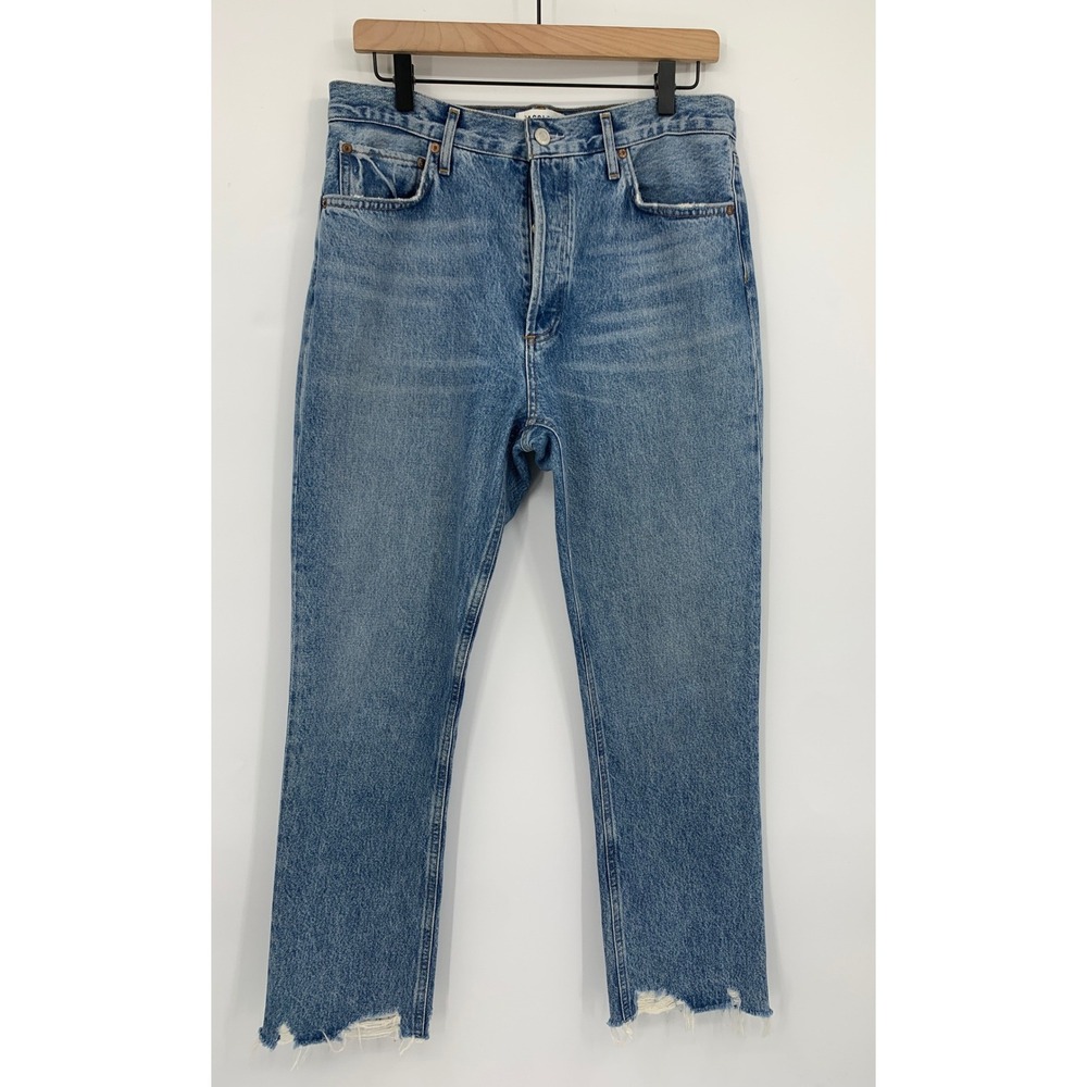 AGOLDE Jeans Womens 29 Blue Riley Button Fly Straight Leg Distressed Hem Denim